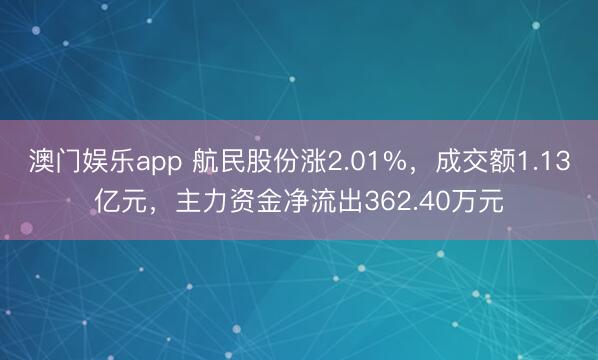 澳门娱乐app 航民股份涨2.01%,成交额1.13亿元,主力资金净流出362.40万元